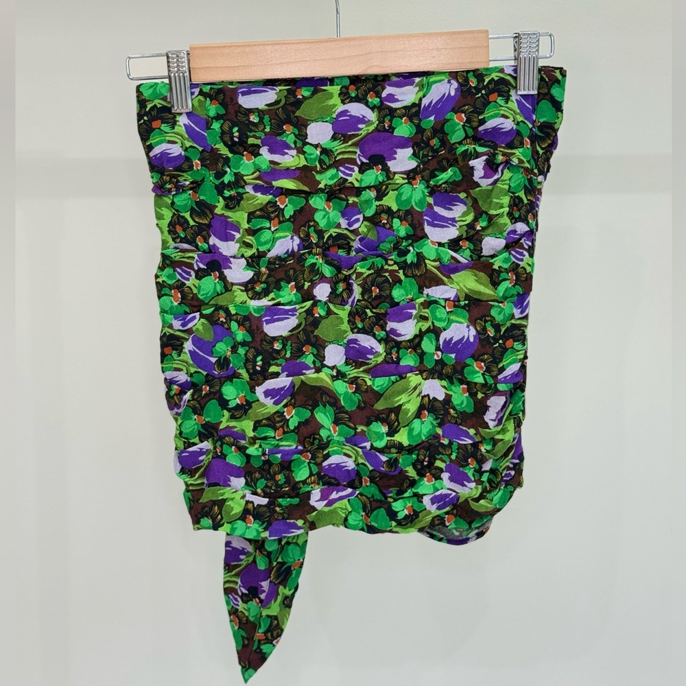 Zara Ruched Floral Mini Skirt – Asymmetrical Hem, Green & Purple Print, Size XS